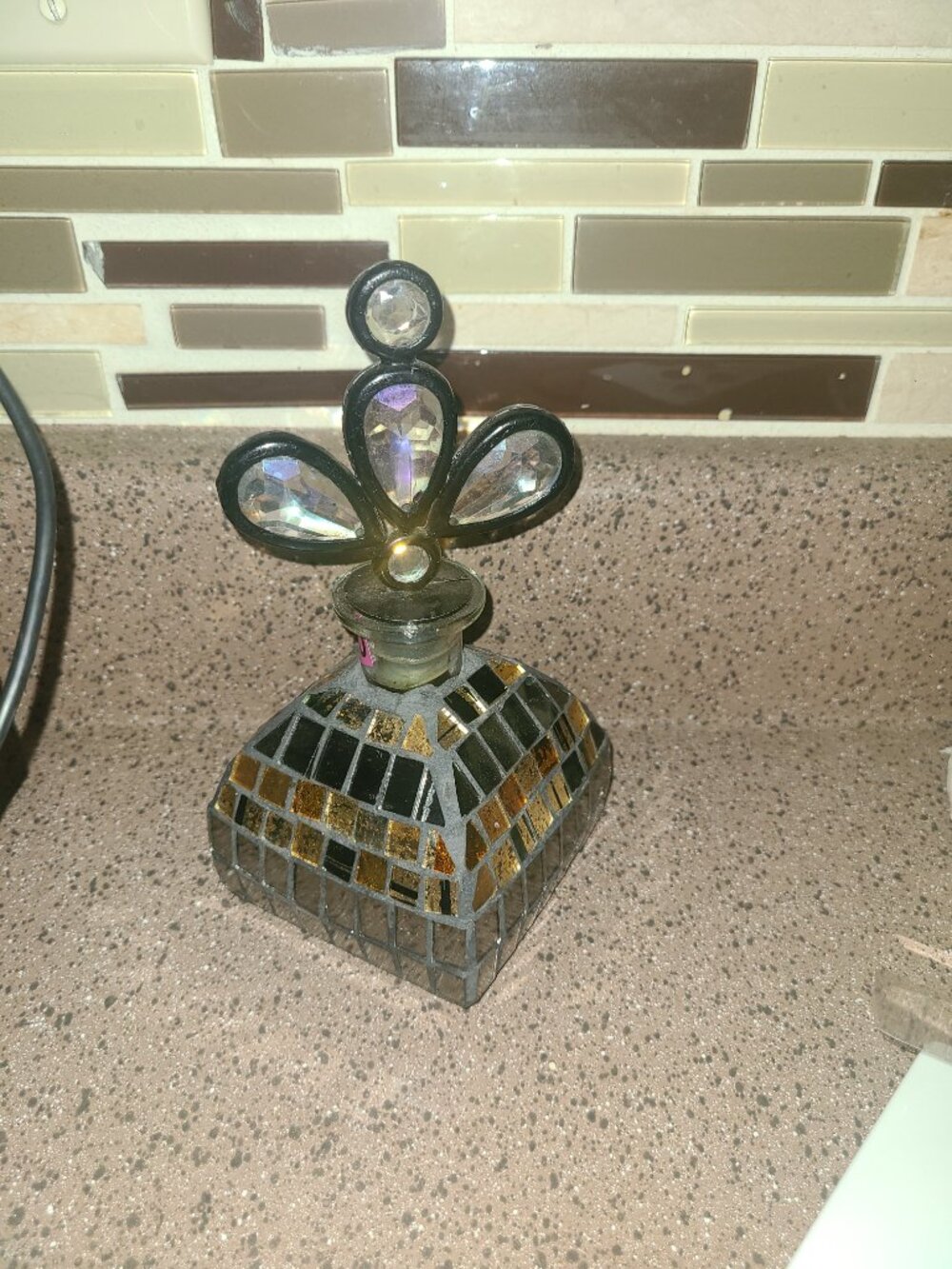 Mosaic Glass Mirrored Brown & Amber Bottle with Glass Stopper Square Bottle VTG